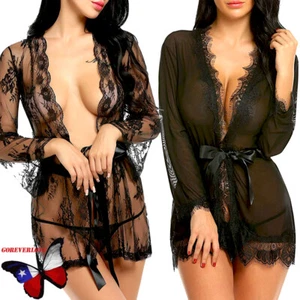 Womens Kimono Robe Lace Smock Mesh Chemise Sexy Nightwear Cardigan Sexy Lingerie - Picture 1 of 85