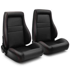 Universal 1 Pair Black OBS Style Seats Reclinable PVC Leather Car Seats - Picture 1 of 9