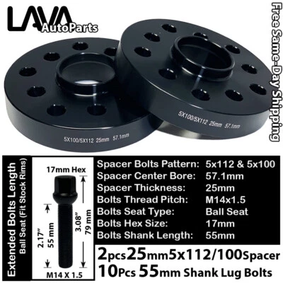 2 peças 25mm de espessura 5x112 e 5x100 57,1MM C.B ESPAÇADOR DE RODA +14x1,5 PARAFUSO AJUSTE VOLKSWAGEN - Imagem 1 de 2