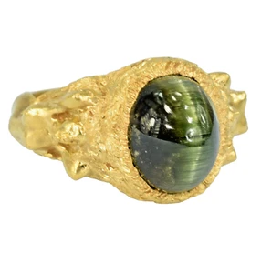 18k Yellow Gold Art Nouveau Cat Eye Tourmaline Ring Engraved Mens Ladies - Picture 1 of 21