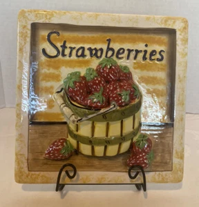 Vtg Handpainted Ceramic 8X8” Strawberries In A Basket Relief Wall Plaque - Picture 1 of 3