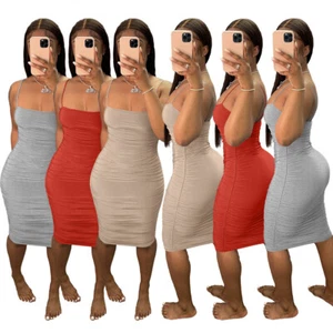 Abito lungo donna sexy spaghetti strap senza maniche tinta unita drappeggiato bodycon clubwear - Foto 1 di 14