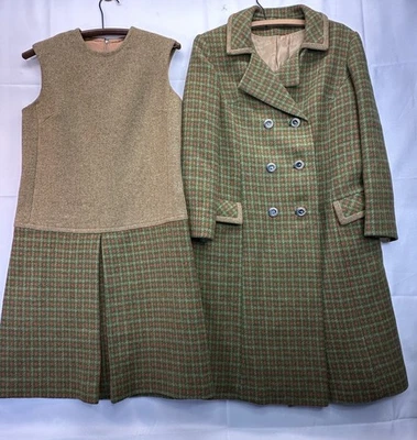 Vtg 1960s MCM Plaid Wool Drop Waist Dress & Coat 2 pc Green Orange Houndstooth - Image 1 of 4