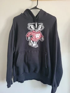 VINTAGE 90s Wisconsin Badgers Hoodie Pullover Mens XL Fitted Black - Picture 1 of 9