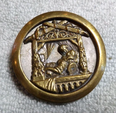 Large Vintage Antique Metal Picture Button Person Sleeping - Image 1 of 4