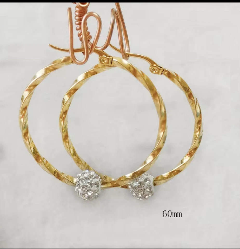 9ct Yellow Gold Filled Large Twist  Round Hoop Crystal Ball  40-70mm  Earrings - Image 1 of 4