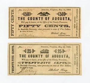 (Pair) 1862 25c, 50c The County of Augusta - Staunton, VIRGINIA Notes - Picture 1 of 2