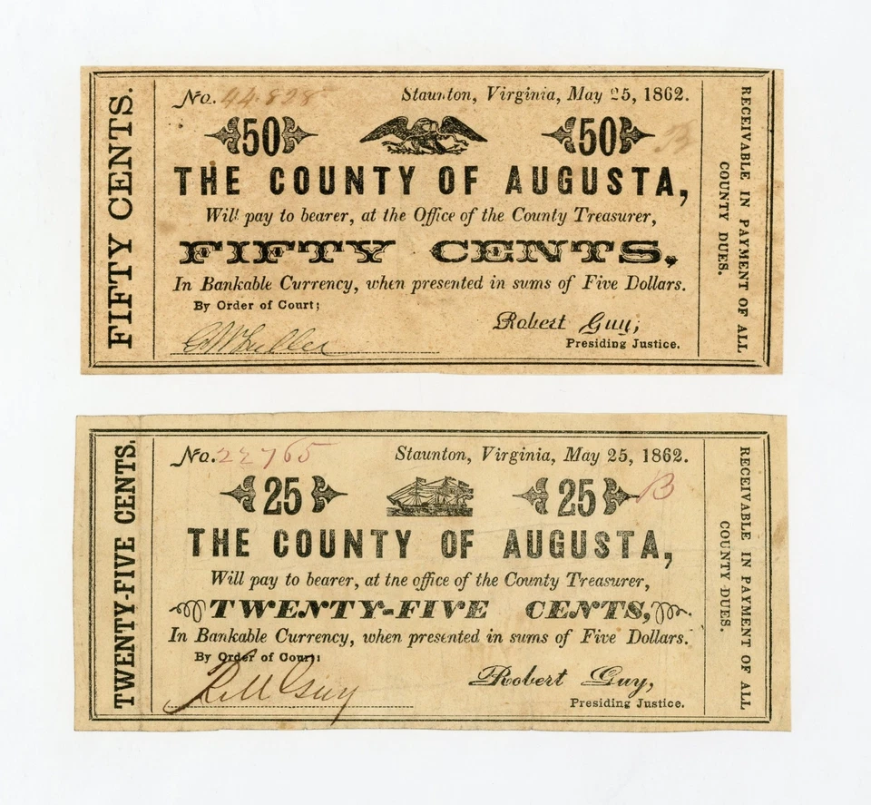 (Pair) 1862 25c, 50c The County of Augusta - Staunton, VIRGINIA Notes - Image 1 of 2