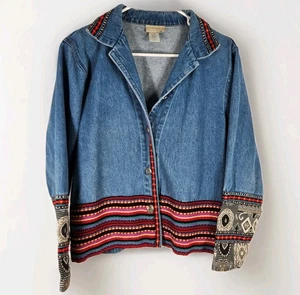Vintage Denim Coldwater Creek Boho Jacket Womens Medium Aztec Embroidered  - Picture 1 of 8