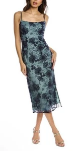 JS Collections Green Sequined Floral Mesh Appliqué Midi Dress SZ 4 - Picture 1 of 8