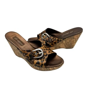 Brighton 8.5 Summer Leopard Patent Leather Classic Buckle Cork Wedge Sandals - Picture 1 of 11