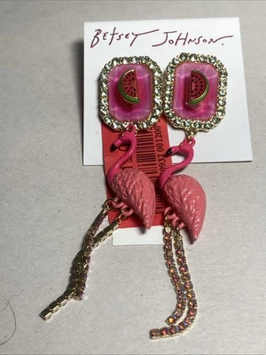 Pendientes araña Betsey Johnson tono dorado sandía y flamenco cristal nuevos con etiquetas Foto 1 de 4