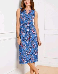 TALBOTS SEASIDE PAISLEY TIE-WAISST SLEEVELESS BLUE JERSEY MIDI DRESS XL NWT - Picture 1 of 9