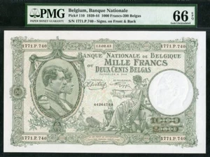 Belgium 1939-1944(1943) 1000 Francs-200 Belgas P110 PMG 66 EPQ GEM UNC - Picture 1 of 2