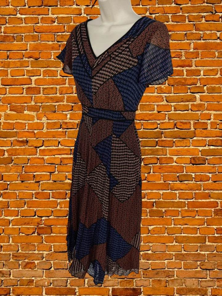 PER UNA M&S SIZE UK 12 BROWN DRESS PATCHWORK PRINT FIT FLARE SHORT SLEEVE WOMENS - Image 1 of 4