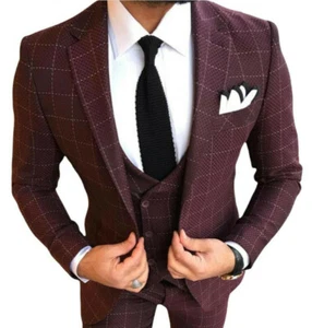 Designer Business Rosso Bordeaux a Quadri Abito Maschile Giacca Da Gilet Hose - Foto 1 di 3
