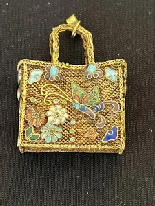 Vintage Chinese Export Sterling Silver Cloisonné Enamel Butterfly Basket Pendant - Picture 1 of 6