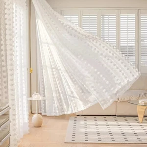 Rod White Pom Pocket 1PCS Curtain Sheer Voile Embroidered Pom Drapes Window ↑ - Picture 1 of 10