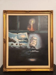 Almeda Signed Painting Oil on Canvas Framed 30"x24" Ship Sailboat High Seas 1996 - Picture 1 of 24
