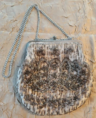 Vintage Champagne Ivory Satin Beaded Shoulder/Satchel Evening Bag - Image 1 of 4