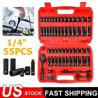 55PCS 1/4" Drive Impact Socket Set Metric & SAE Sockets Shallow & Deep Cr-V - Image 1 of 4