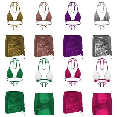 Damen Metallic Glänzende 3-teilige Bikini Gepolsterte Dreieck Halter Badeanzug - Bild 1 von 3