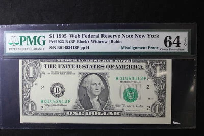 1995 New York $1 FR #1923-B PMG 64 EPQ Misalignment Error - Image 1 of 4