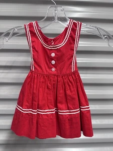 Vintage 60er 70er Jahre rot Baumwolle weiß Ric Rac Pullover Schürze Baby Schärpe Schleife Kleid - Bild 1 von 4
