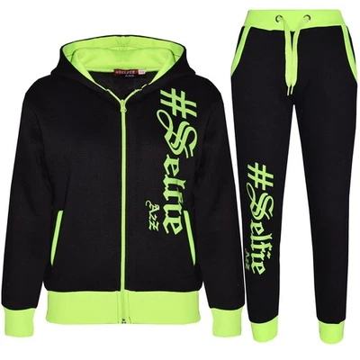 Kids #SELFIE Green Tracksuit Hoodie Sweatpants Zipper Joggers Set Girls Boys - Image 1 of 2