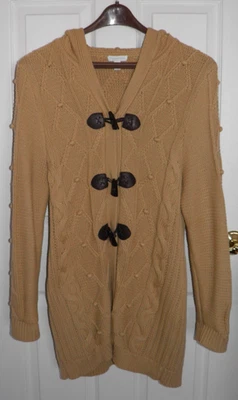 复古 Y2K,Charter Club,米色,针织,皮革细节长款开衫带帽。  XL — 第 1/4 张图片