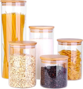 Glass Food Storage Jars, Food Containers with Airtight Bamboo Lids for Pasta, Co - Picture 1 of 12