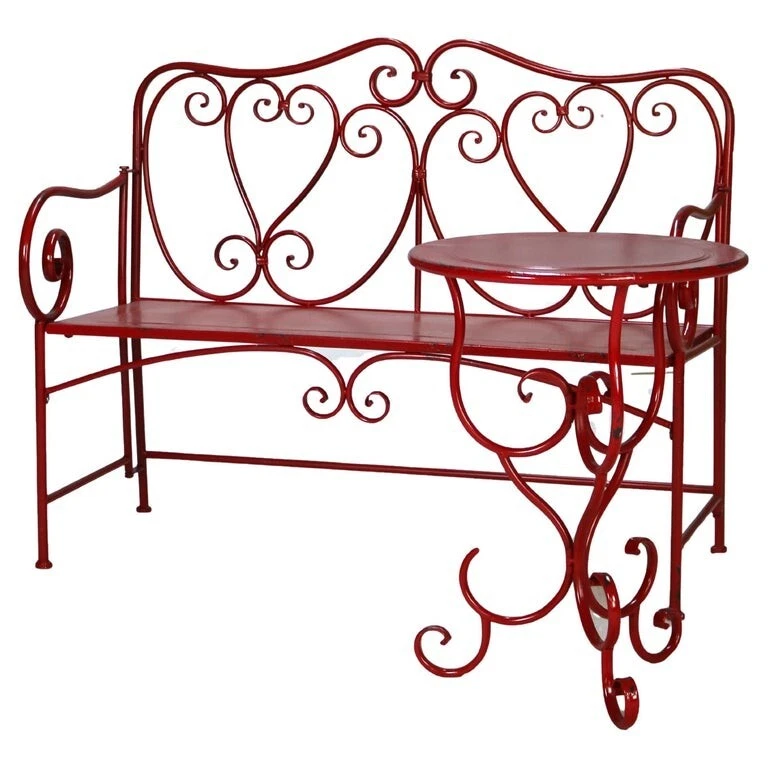 Juego de mesa y banco de jardín de hierro forjado pintado rojo vintage C1950 Foto 1 de 4