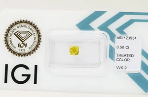 Cushion Shape Diamond Fancy Yellow Loose Enhanced 0.56 Carat VVS2 IGI Certified - Picture 1 of 5