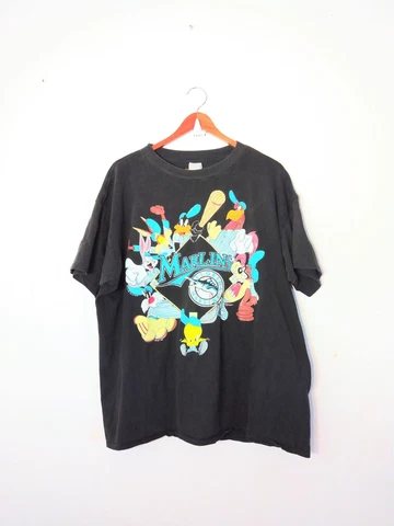 🔥Vintage 90s MLB Marlins Florida Warner Bros Big Logo,Single Stitch T-shirt XL Cover