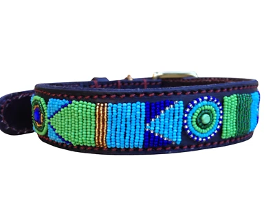 Beaded Leather Dog Collar&Leash Africa Maasai Blue/Green Custom Pet Name XXS-XXL - Image 1 of 4
