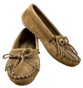 MINNETONKA Brown Caramel Suede Fringe Bow Detail Moccasins Loafers Women's Sz 6 - Picture 1 of 13