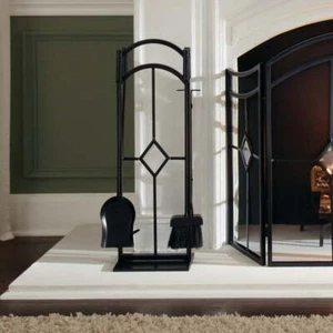 Steel Fireplace Toolset 5-Piece Tools Set Arched Diamond Heavy Duty Glass Accent - Picture 1 of 4