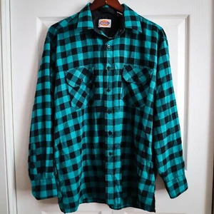 Vtg Dickies Flannel Plaid Shirt Teal Green & Black Checked Skater Grunge Sz L - Picture 1 of 7