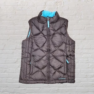 LL Bean Vest Girls Medium 10-12 Brown Blue Goose Down Quilted Puffer Full Zip - Picture 1 of 4