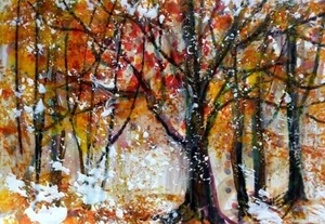 ACEO Original Painting TREE Autumn Snow Landscape FALL Leaves Nature ATC ART - Picture 1 of 1