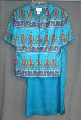Top y falda Adrianna Papell de colección 100 % seda 2 piezas turquesa floral botón SS talla 8 Foto 1 de 4