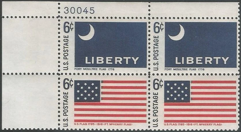 Plate Block - Scott 1345-46 - 6 cent - Ft. Moultrie & McHenry Flags -1968 - MNH - Image 1 of 1