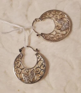 STERLING SILVER OPEN FILIGREE HOOP ORNATE SHINY CRYSTAL EARRINGS NEW - Picture 1 of 4