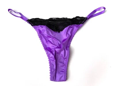 Victoria's Secret Thong Panty Luscious Lavender Soft Stretch & Black Lace String - Image 1 of 2