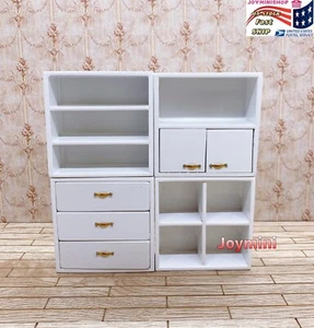1/12 Miniature White Wooden Combination Cabinet Set Dollhouse Shelves Accessory - Picture 1 of 13