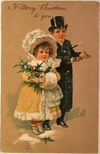 Postal de Navidad ~ Niño y niña vestidos con ropa elegante al aire libre - Imagen 1 de 2