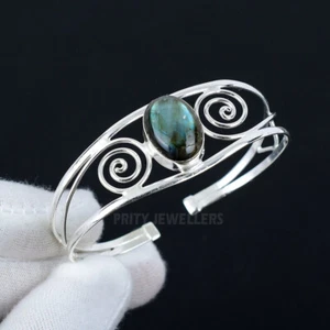Labradorite Gemstone Cuff Bangle 925 Sterling Silver Handmade Bracelet Jewelry - Picture 1 of 4