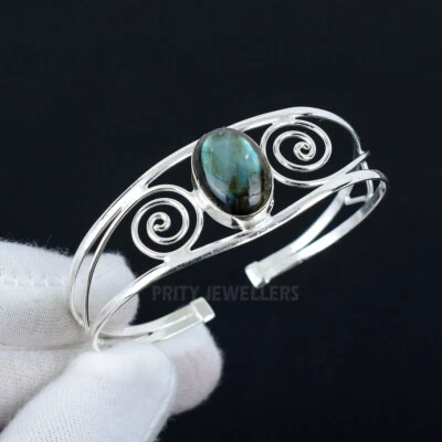Labradorite Gemstone Cuff Bangle 925 Sterling Silver Handmade Bracelet Jewelry - Image 1 of 4