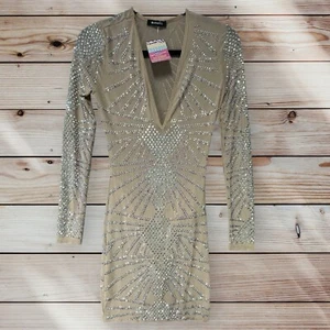 Banjul Womens Brown Abstract Long Sleeve V-Neck Rhinestone Bodycon Dress Size S - Picture 1 of 9