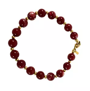 Monet Signed Beaded Bracelet 7.5 Inches Marbled Burgundy Gold Tone Lobster Claw - Picture 1 of 8